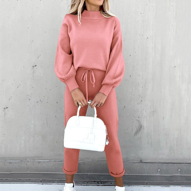 2-Delat loungewear-set för damer med ballongärmar och justerbar midja