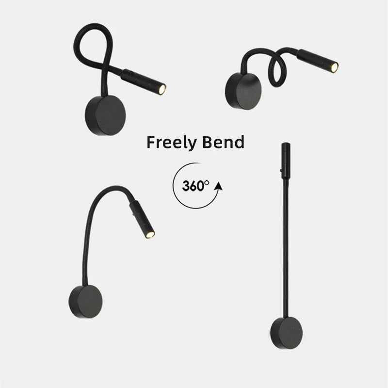 Modern flexibel LED-läsvägglampa med strömbrytare för sovrum och arbetsrum - 1W/3W