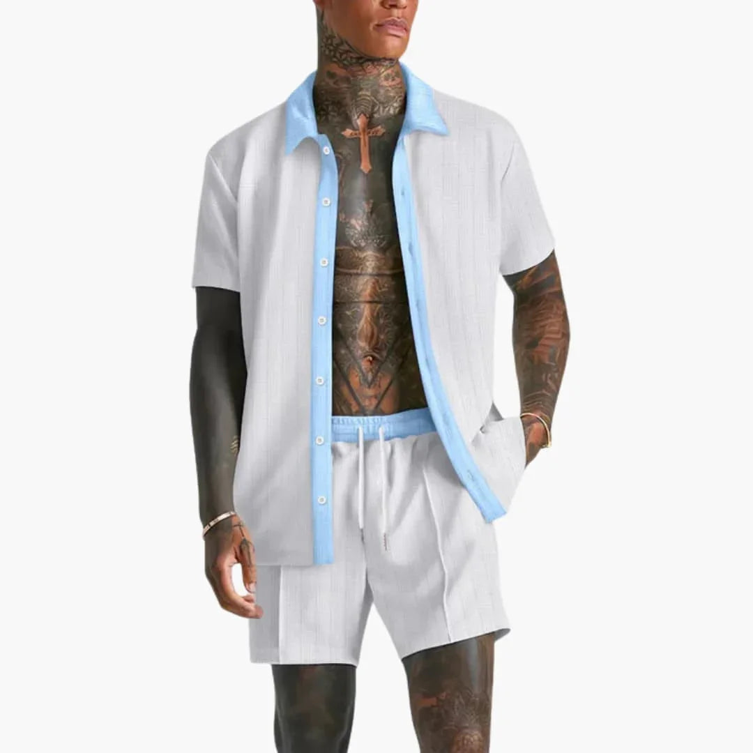 Sommarset för herrar med kortärmad skjorta och shorts med dragsko