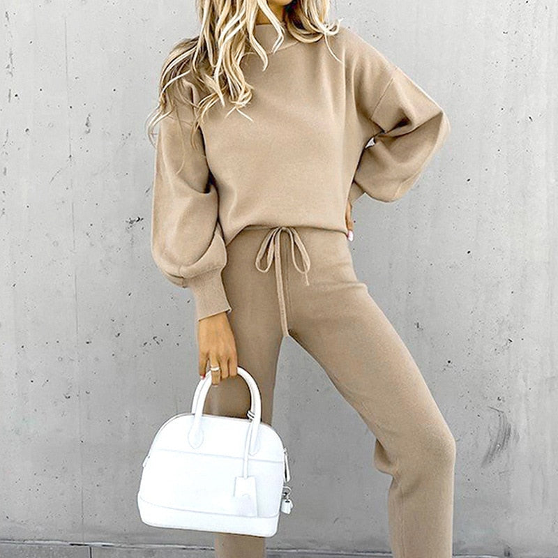 2-Delat loungewear-set för damer med ballongärmar och justerbar midja