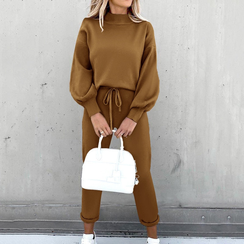 2-Delat loungewear-set för damer med ballongärmar och justerbar midja