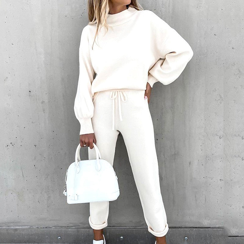 2-Delat loungewear-set för damer med ballongärmar och justerbar midja