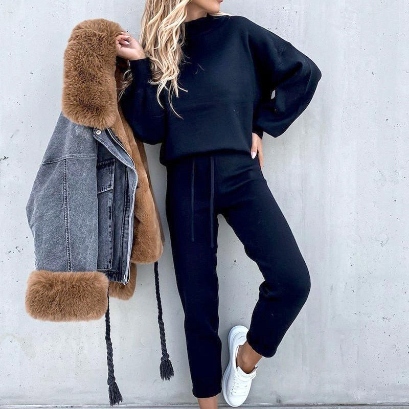 2-Delat loungewear-set för damer med ballongärmar och justerbar midja
