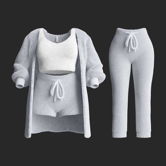 4-Delat plyschstickat loungewear-set för damer