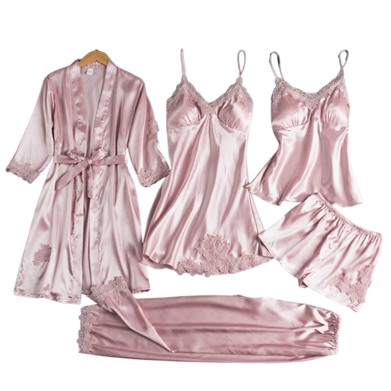 5-Delat nattplaggs- och pyjamas-set i satin för damer