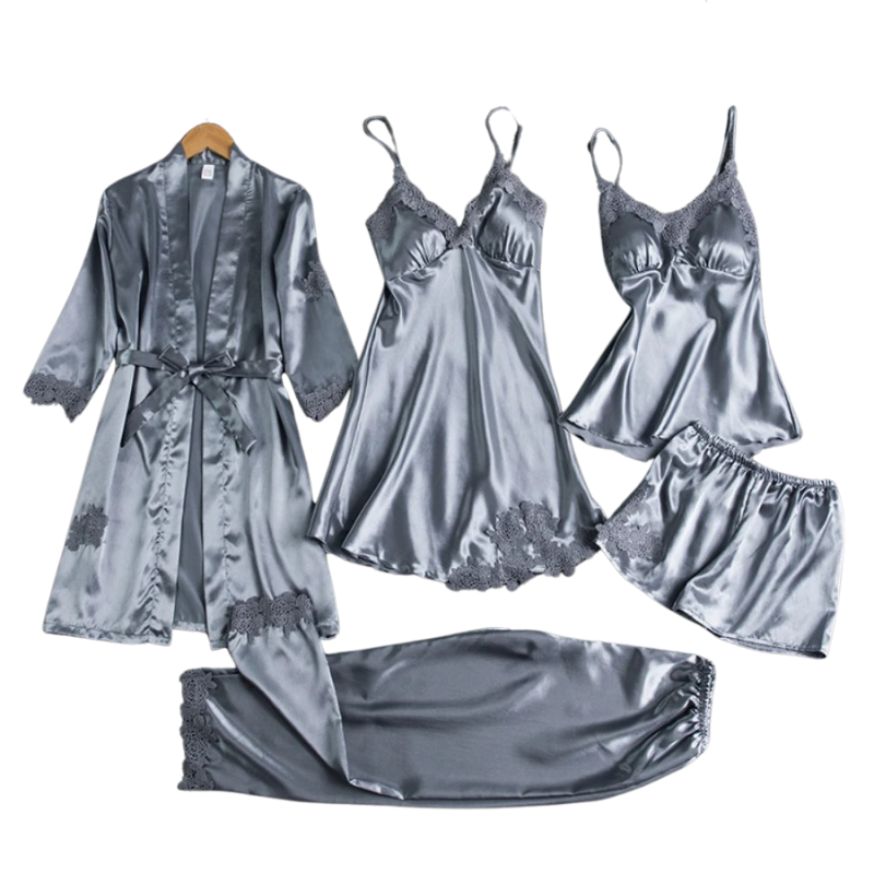 5-Delat nattplaggs- och pyjamas-set i satin för damer