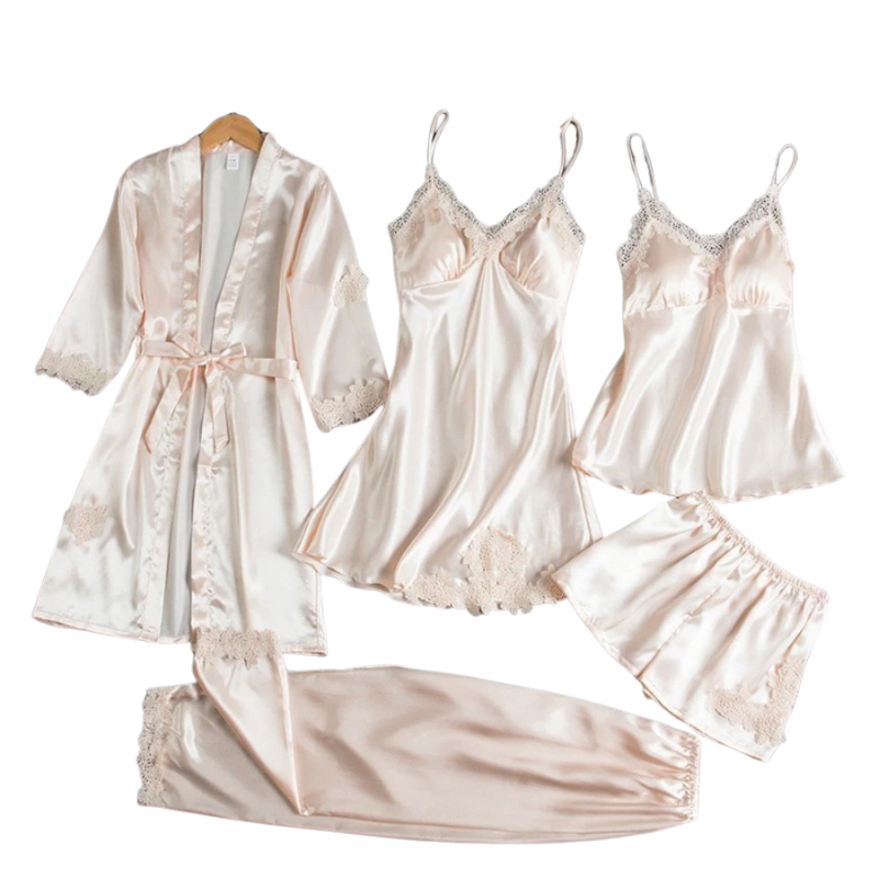 5-Delat nattplaggs- och pyjamas-set i satin för damer