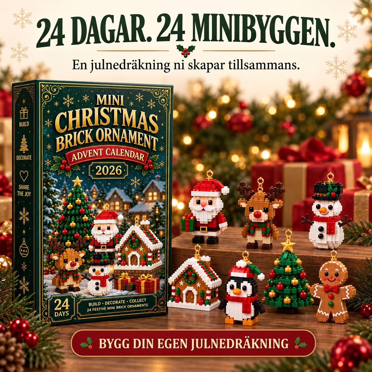 Julkalender med julgranspynt – 24 minibyggsatser för juldekoration