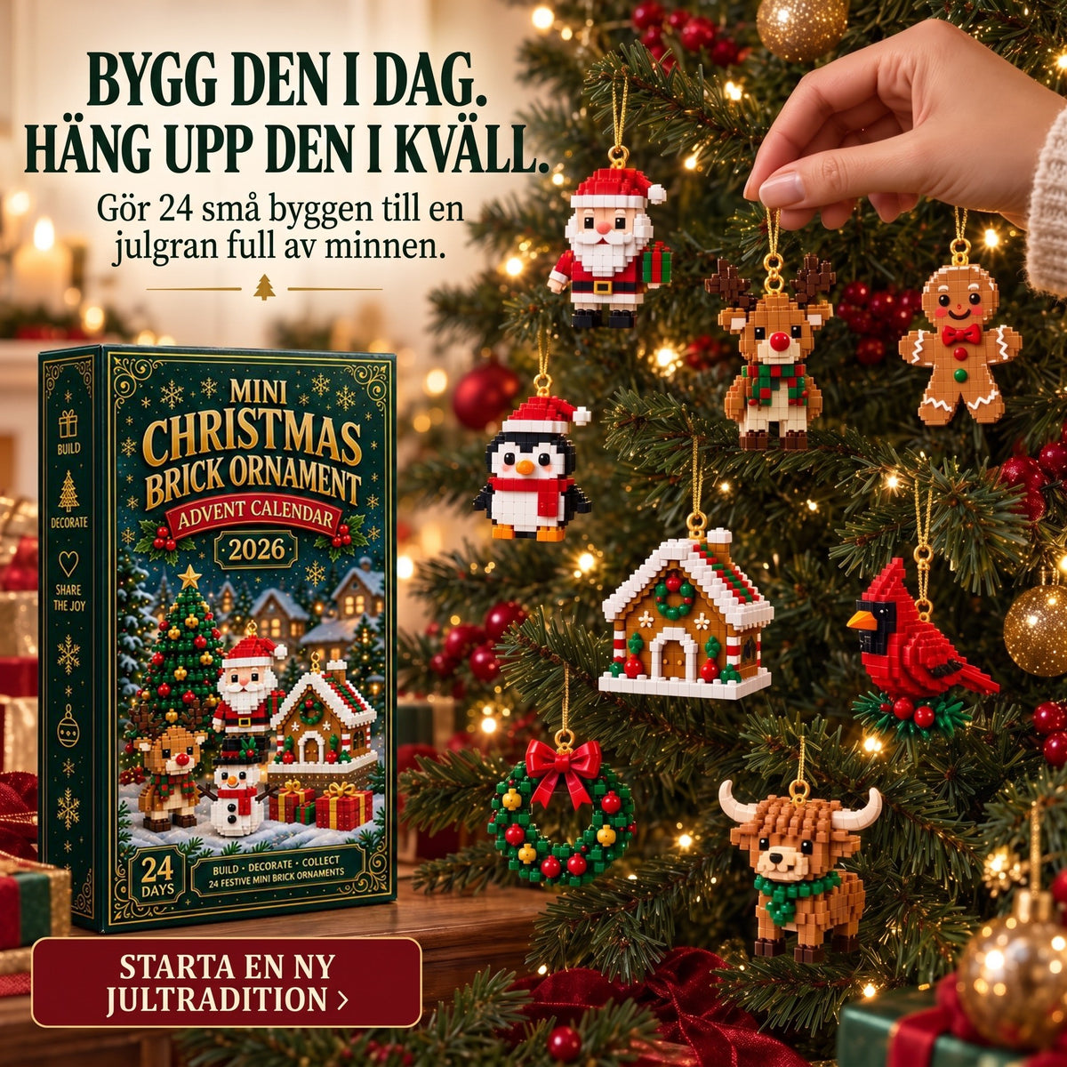 Julkalender med julgranspynt – 24 minibyggsatser för juldekoration