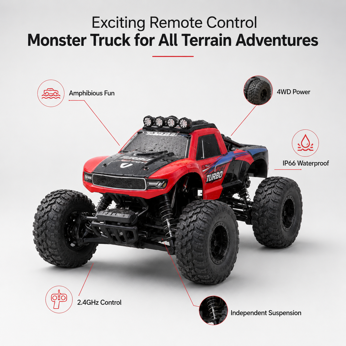 Amfibisk RC-monstertruck 4x4 med 2,4 GHz fjärrkontroll för all terräng