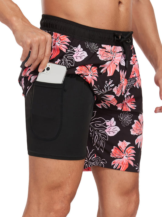 Badshorts för herr med tropiskt flamingomönster – Snabbtorkande