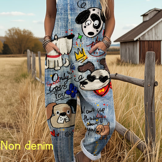 Casual jumpsuit för damer med tecknat hundtryck och justerbara axelband