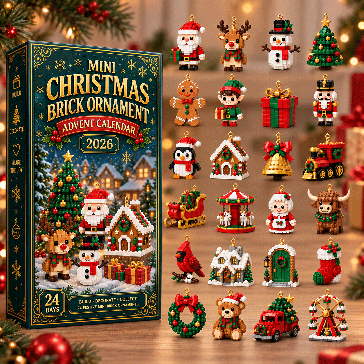 Julkalender med julgranspynt – 24 minibyggsatser för juldekoration