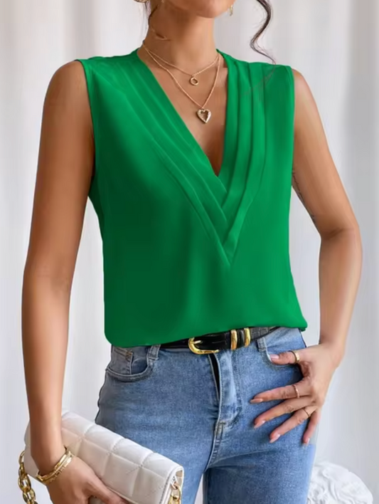 Elegant ärmlös plisserad topp med V-ringning för damer