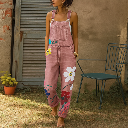 Eleganta hängselbyxor i denim med blommönster