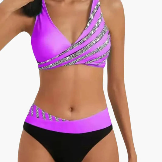Glittrig randig bikini med hög midja för damer