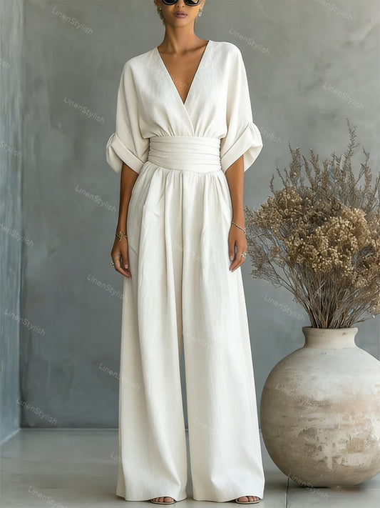 Lång omlottjumpsuit med V-ringning för damer