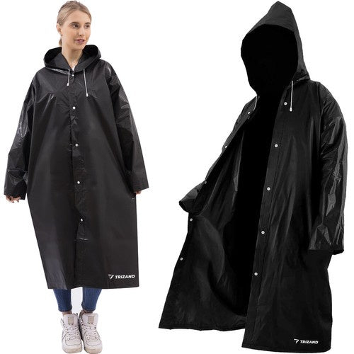 Lång unisex regnjacka med huva - svart
