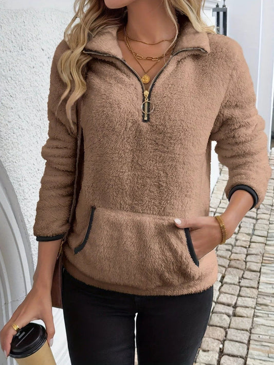 Luddig tröja med halv dragkedja för damer