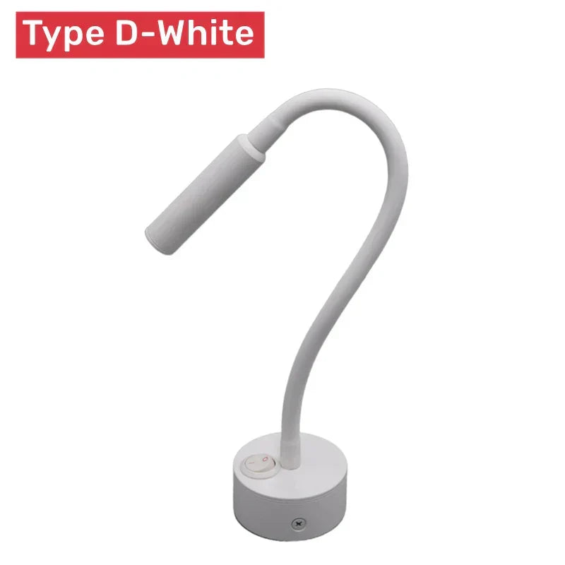Modern flexibel LED-läsvägglampa med strömbrytare för sovrum och arbetsrum - 1W/3W