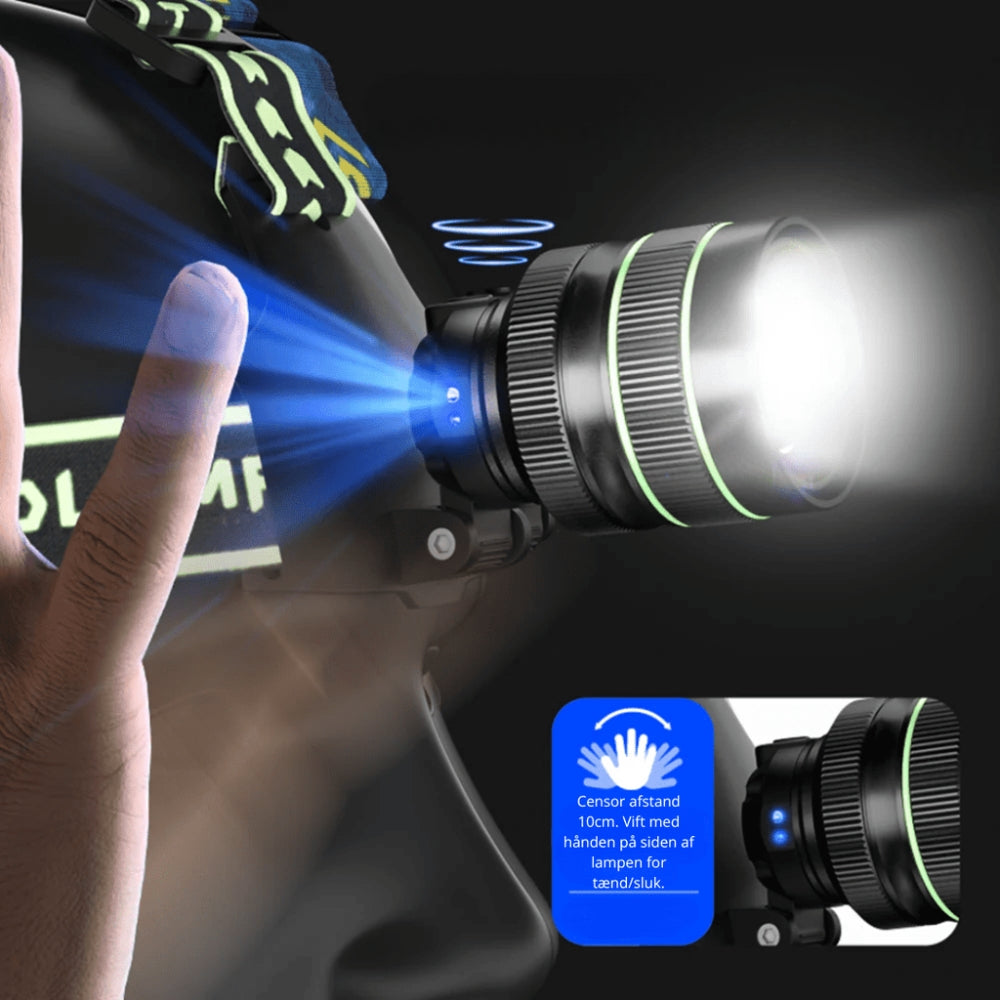 Pannlampa på 10 000 lumen med justerbar ljuskägla och powerbank-funktion