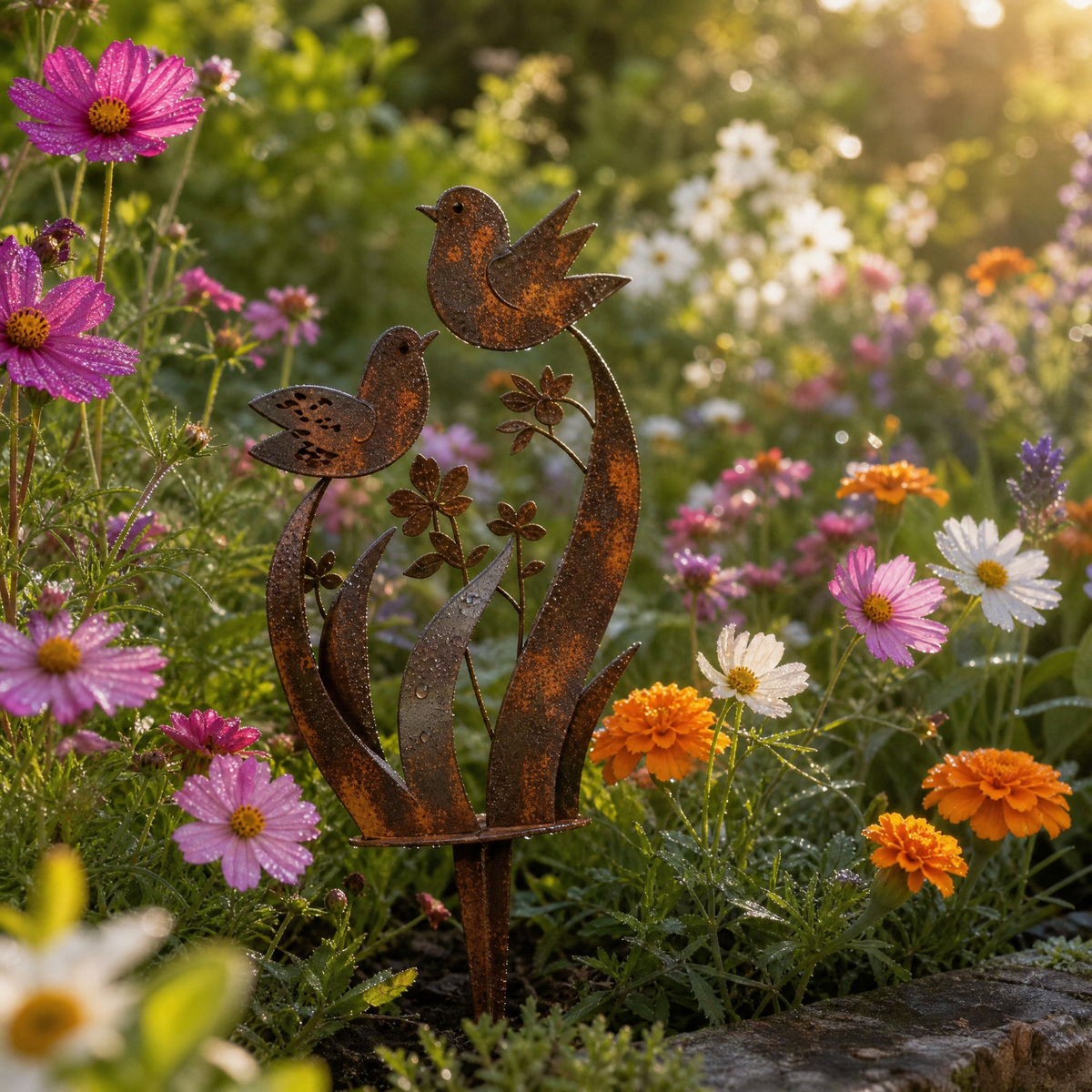 Rustik trädgårdssticka med fågel och vildblommor