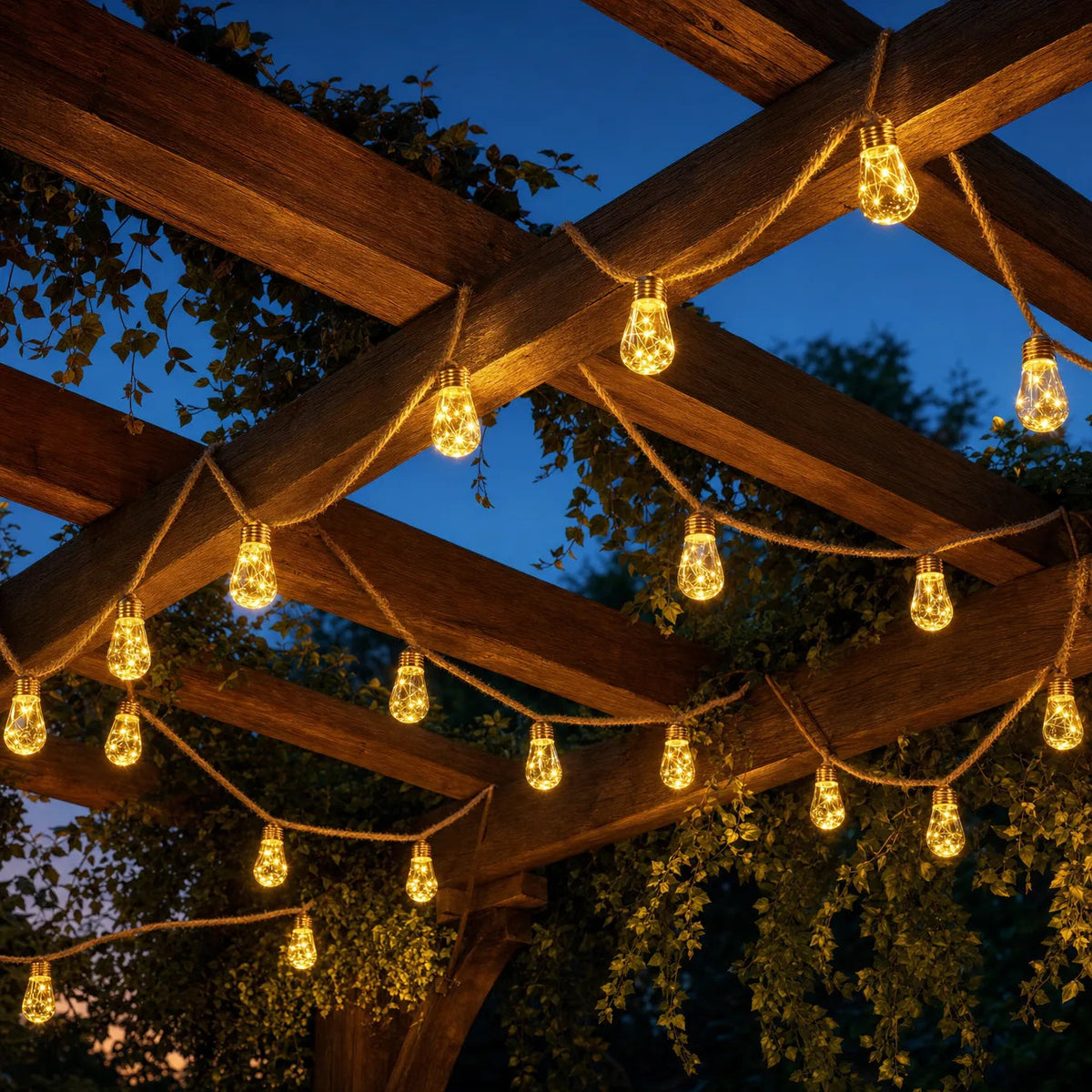 Solcellsdriven ljusslinga i hamparep med vintage LED-lampor