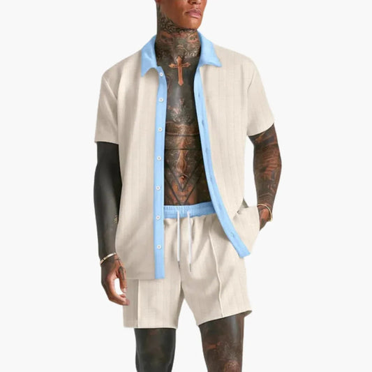 Sommarset för herrar med kortärmad skjorta och shorts med dragsko