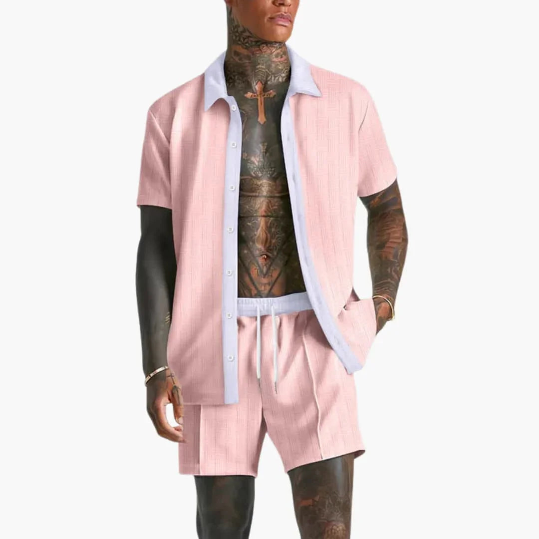 Sommarset för herrar med kortärmad skjorta och shorts med dragsko