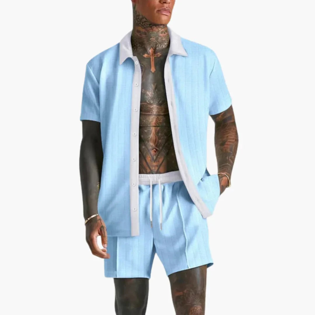 Sommarset för herrar med kortärmad skjorta och shorts med dragsko