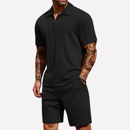 Strukturmönstrat set med pikétröja och shorts för herrar