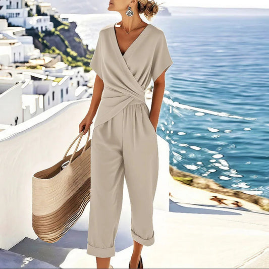 Tvådelat set med jumpsuit och V-ringning för damer
