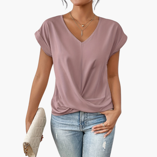 V-ringad t-shirt för damer med snurrad detalj fram