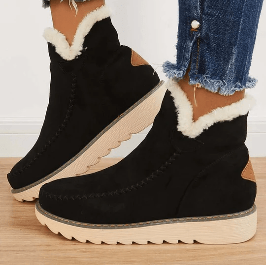 Varmfodrade ankelboots för damer med fuskpälskant och lätt platåsula