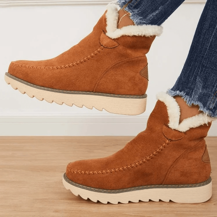 Varmfodrade ankelboots för damer med fuskpälskant och lätt platåsula